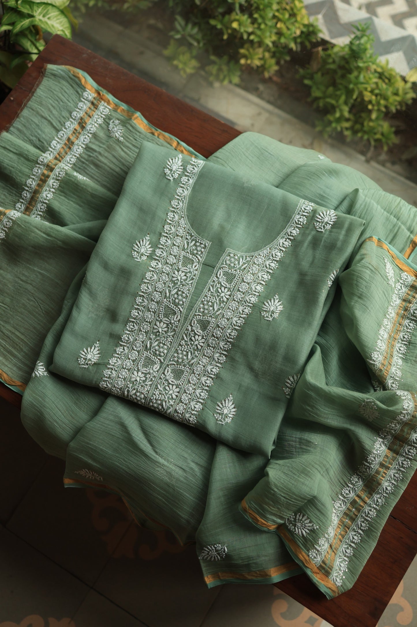 Cactus Green Shade Mal Cotton Chikankari Unstitched Fabrics With Kamdani