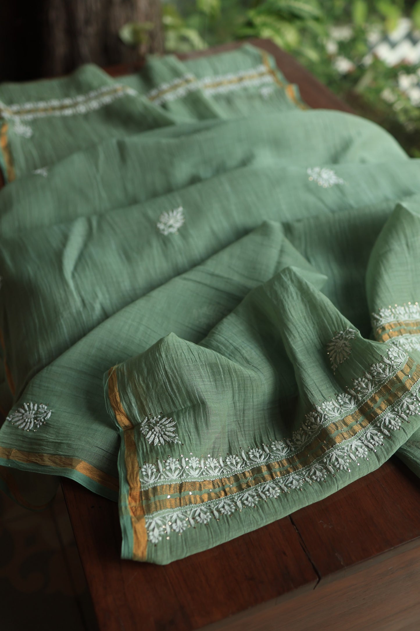 Cactus Green Shade Mal Cotton Chikankari Unstitched Fabrics With Kamdani