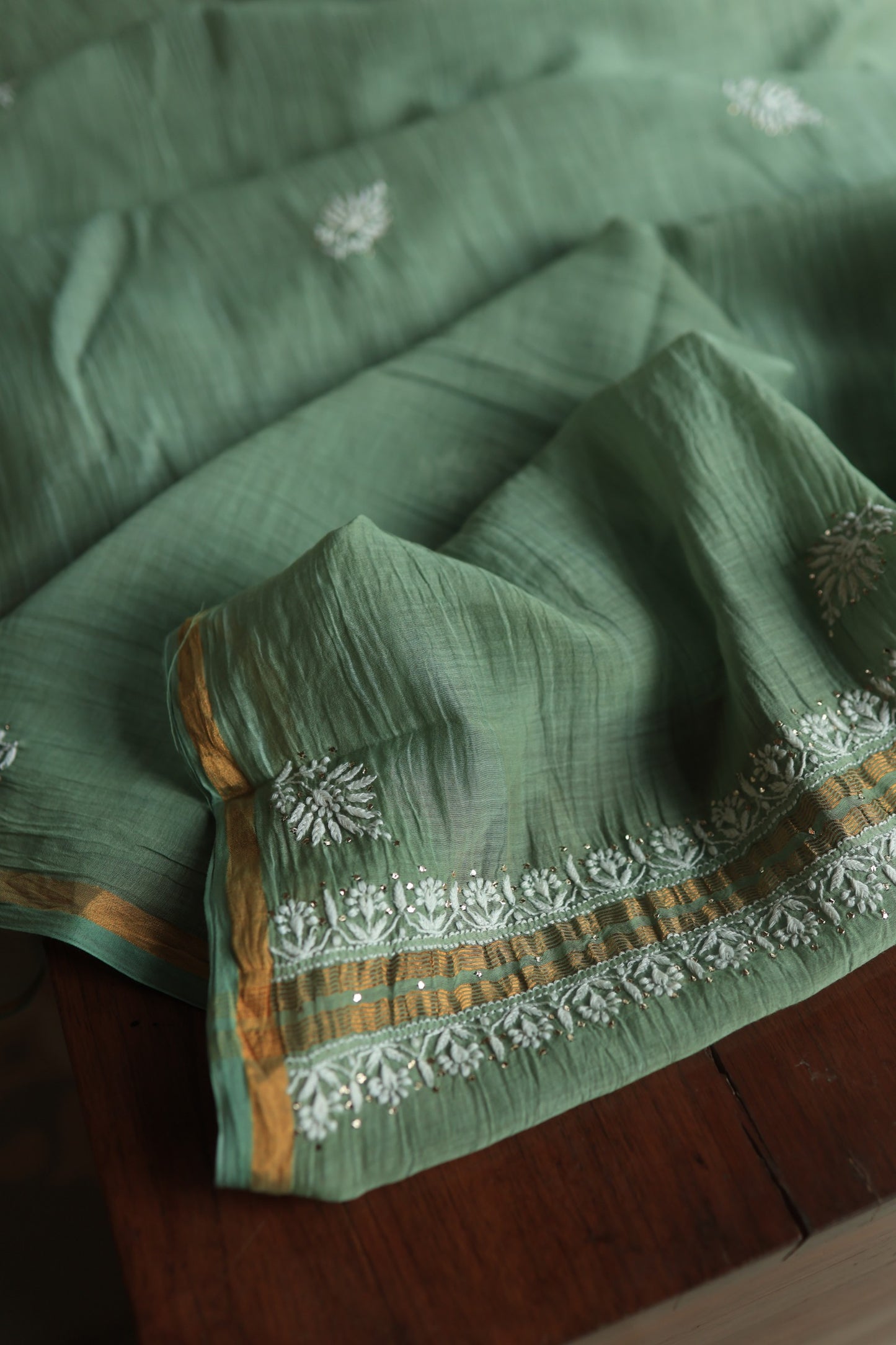 Cactus Green Shade Mal Cotton Chikankari Unstitched Fabrics With Kamdani