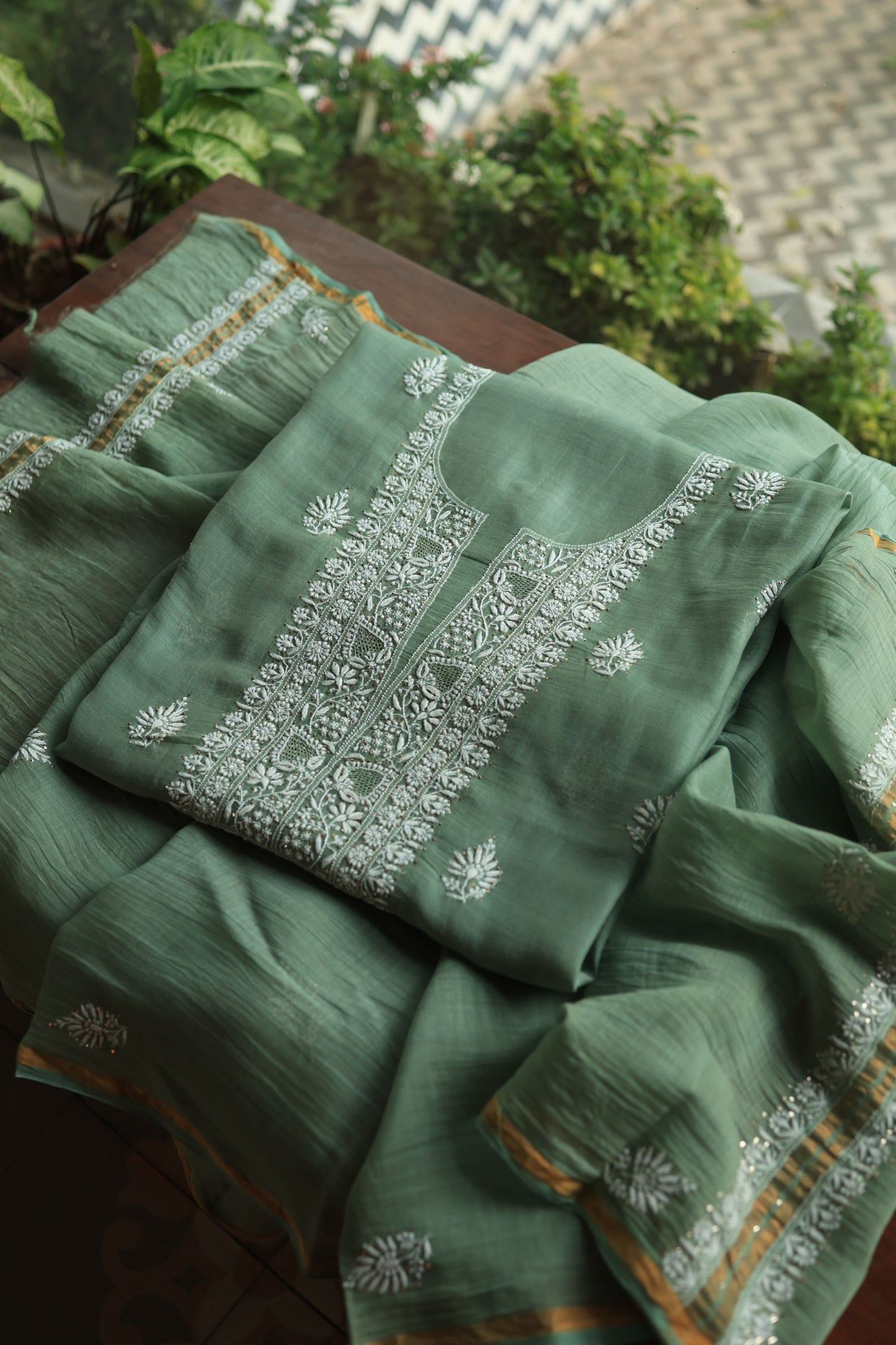 Cactus Green Shade Mal Cotton Chikankari Unstitched Fabrics With Kamdani