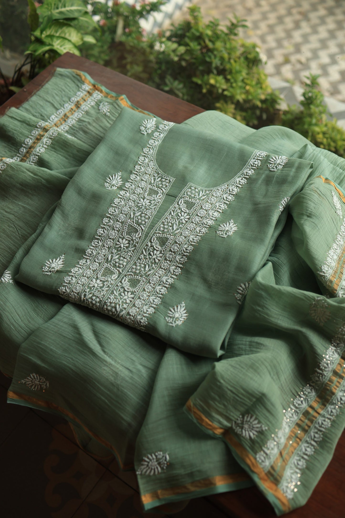 Cactus Green Shade Mal Cotton Chikankari Unstitched Fabrics With Kamdani
