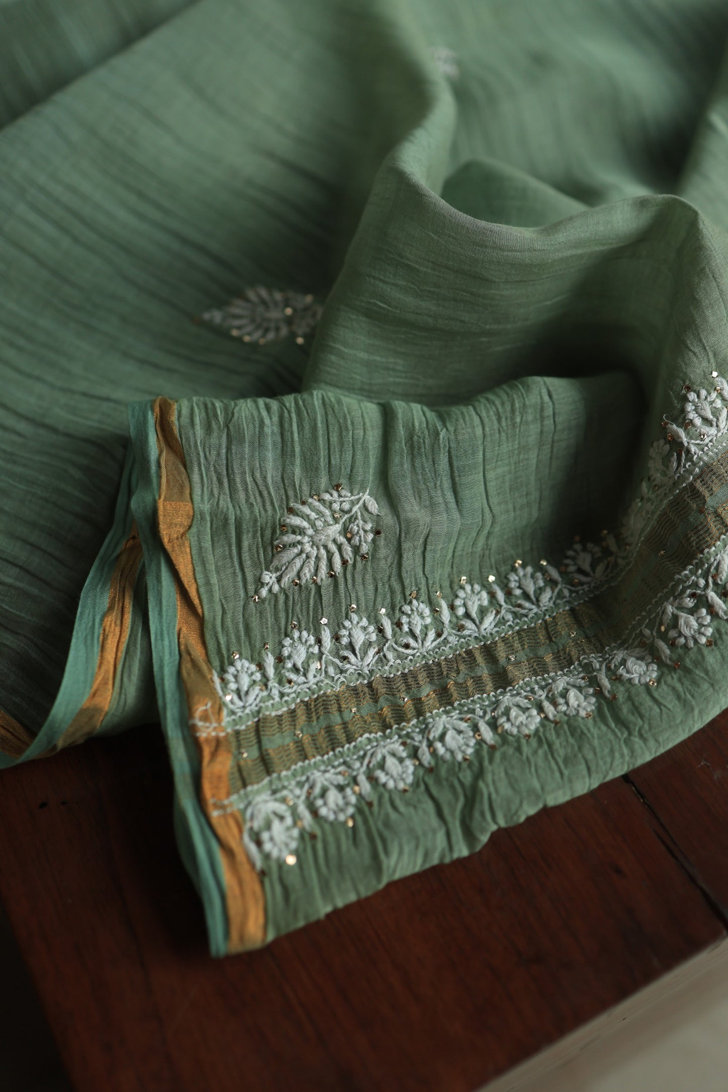 Cactus Green Shade Mal Cotton Chikankari Unstitched Fabrics With Kamdani