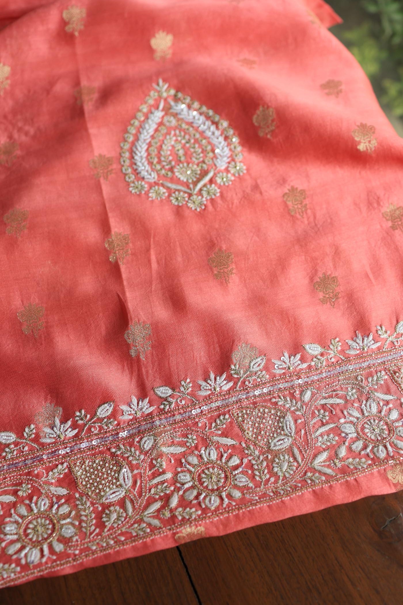 Carrot Pink Banarasi Zari Chanderi Unstitched Chikankari Fabric