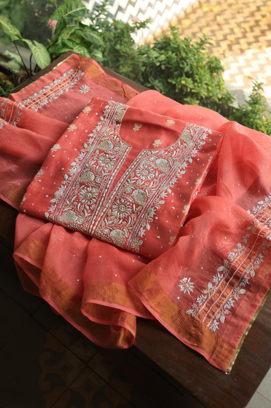 Carrot Pink Banarasi Zari Chanderi Unstitched Chikankari Fabric