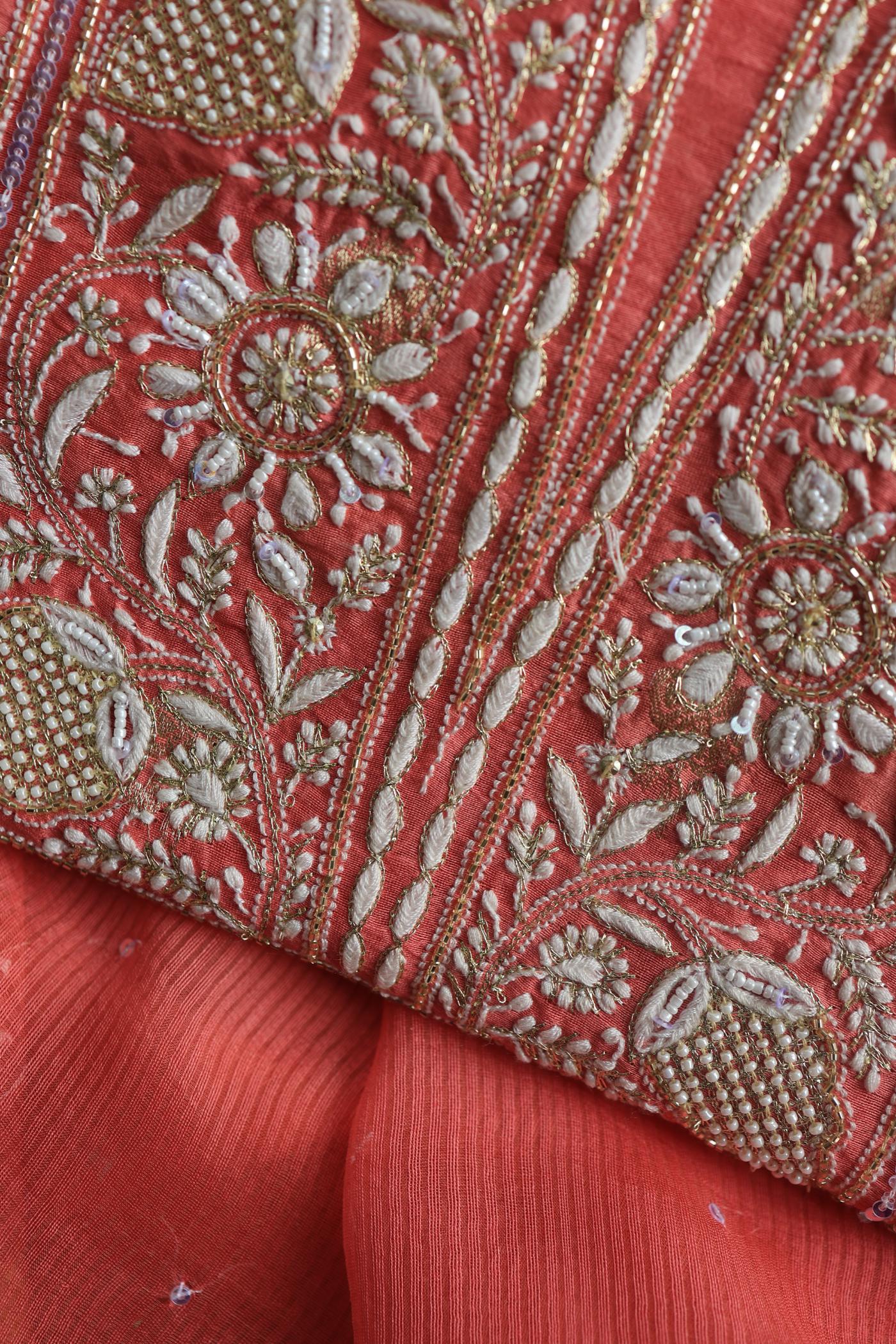 Carrot Pink Banarasi Zari Chanderi Unstitched Chikankari Fabric