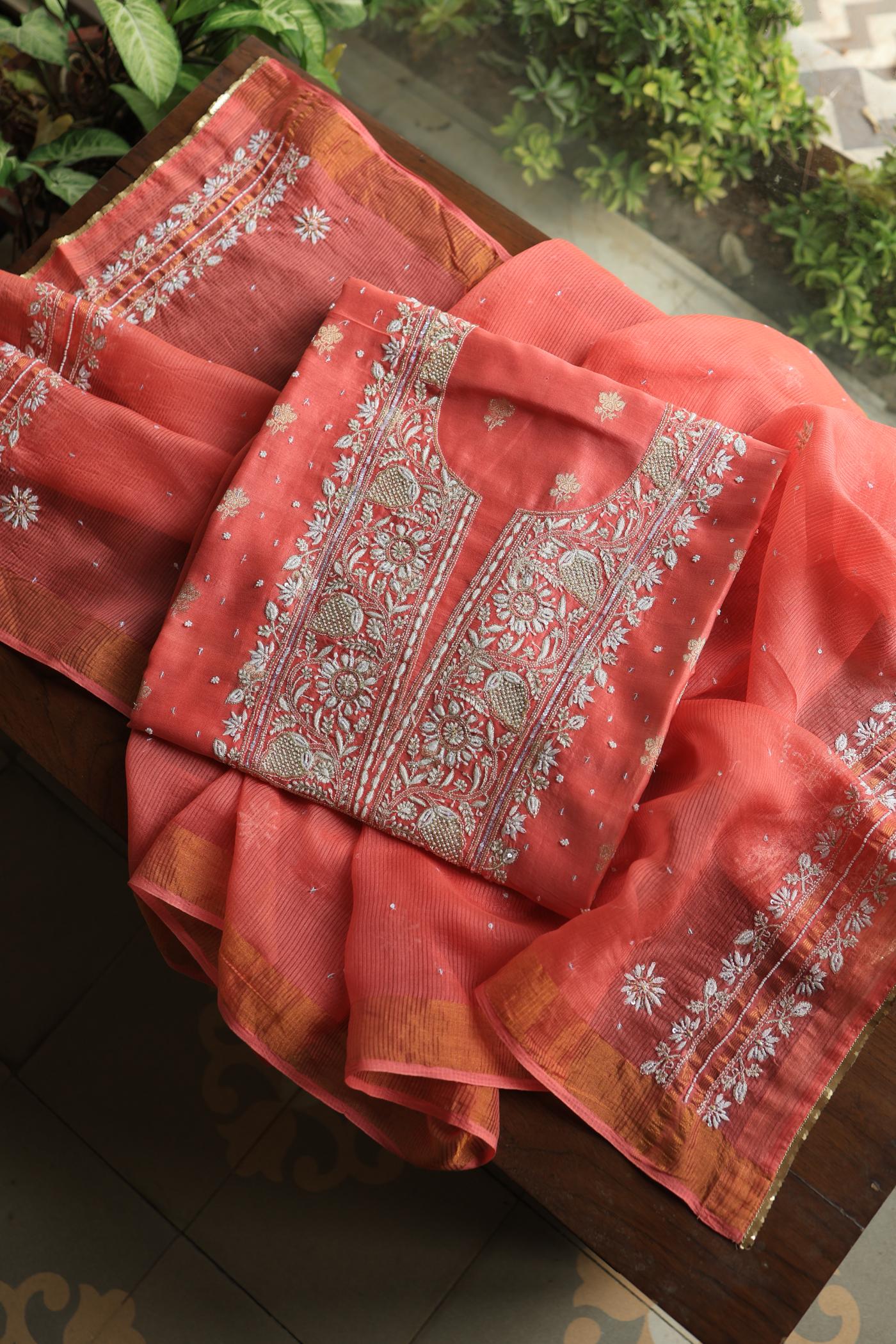 Carrot Pink Banarasi Zari Chanderi Unstitched Chikankari Fabric