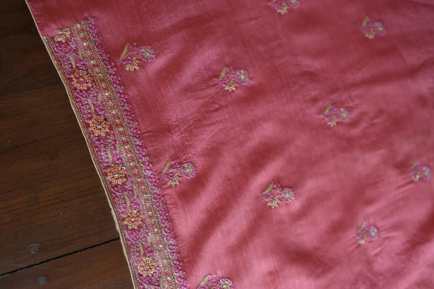 Carrot Pink Moonga Silk Chikankari Unstitched Fabric