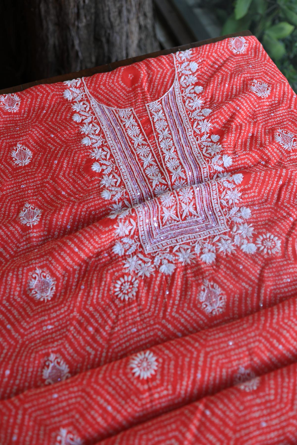 Carrot Pink Muslin Chikankari Kurta Fabric