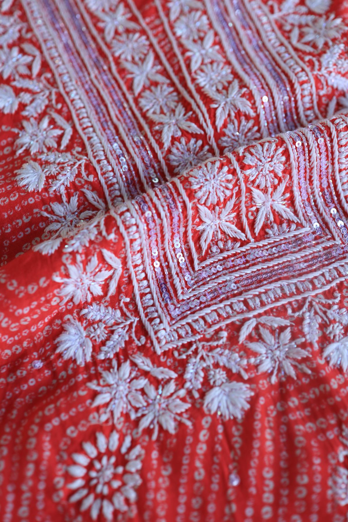 Carrot Pink Muslin Chikankari Kurta Fabric
