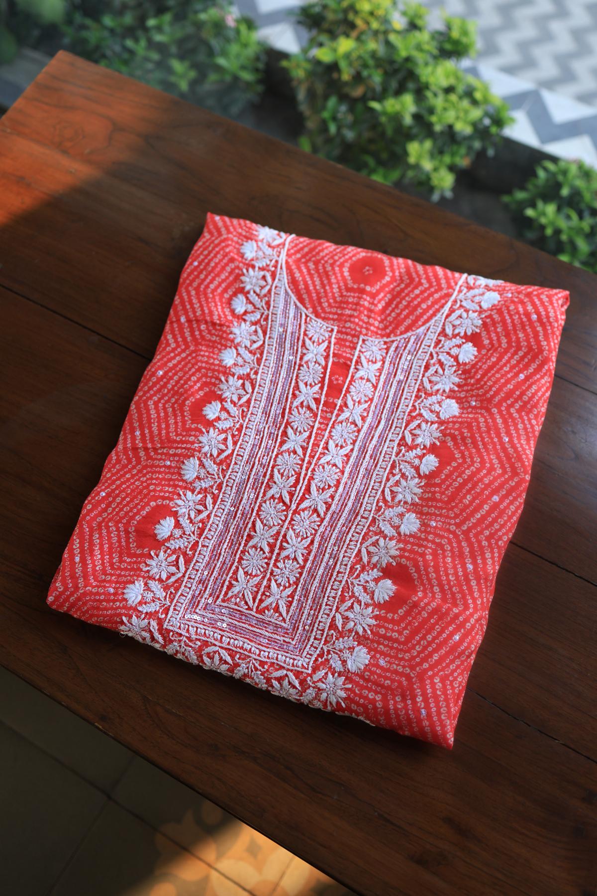 Carrot Pink Muslin Chikankari Kurta Fabric