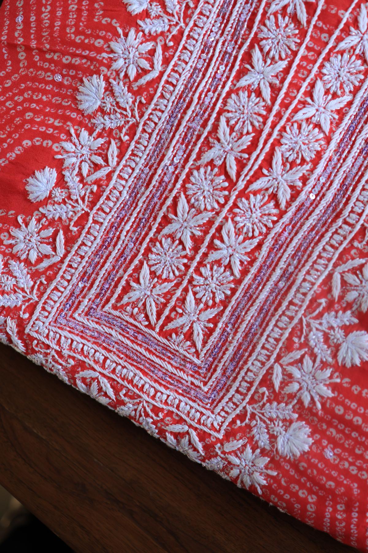 Carrot Pink Muslin Chikankari Kurta Fabric