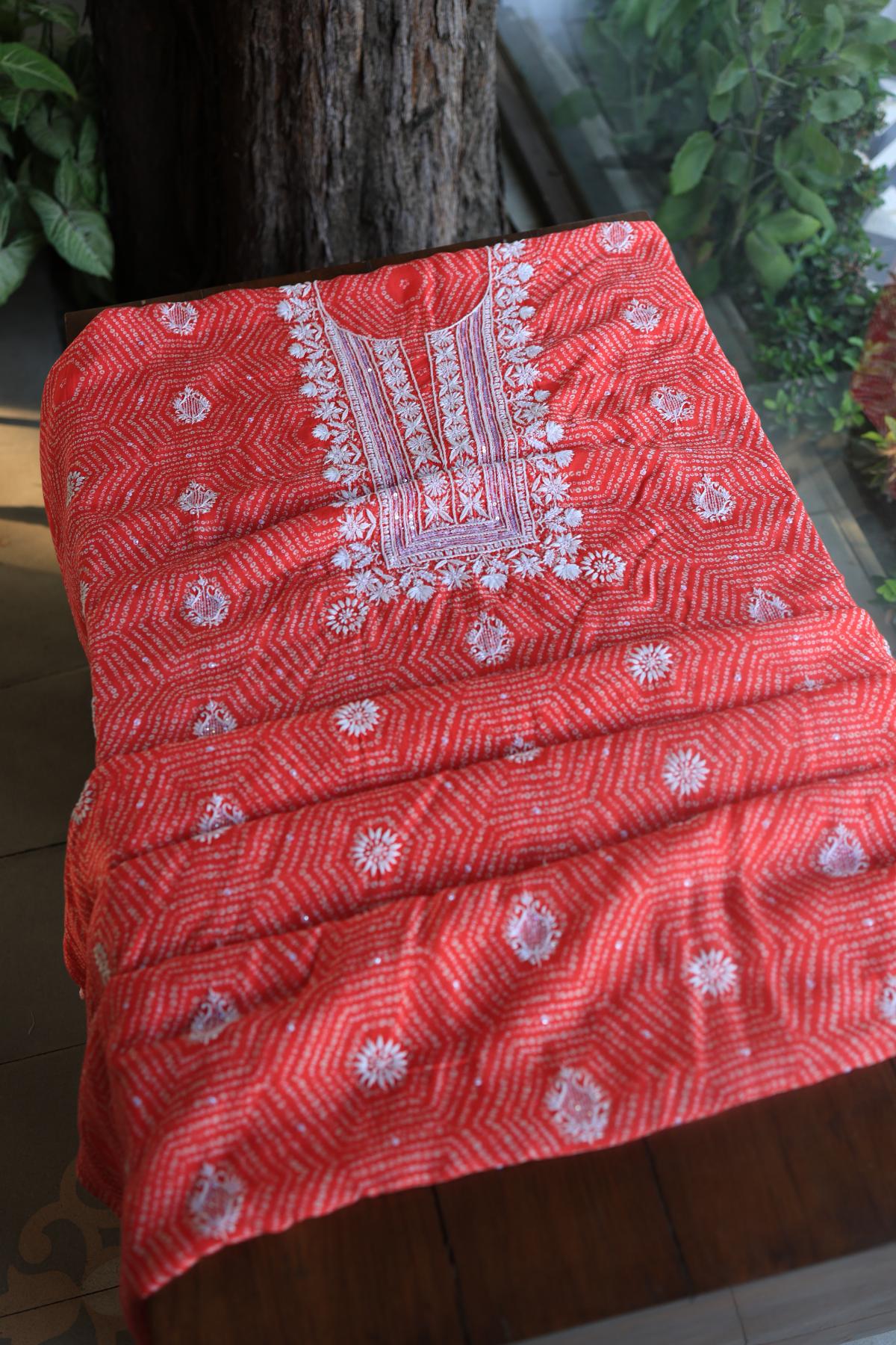 Carrot Pink Muslin Chikankari Kurta Fabric