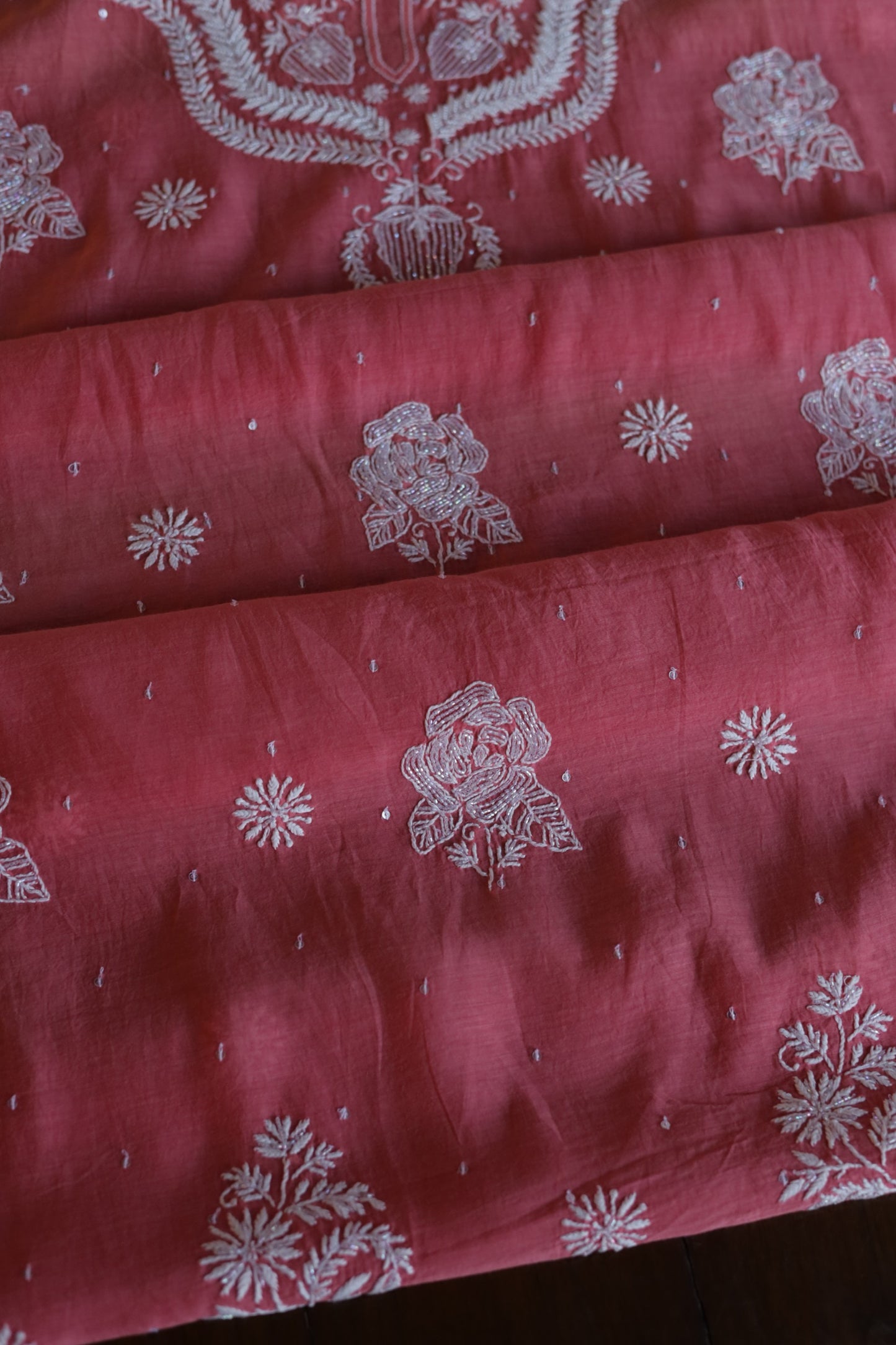 Carrot Pink Shade Malmal Pearl Work Chikankari Fabrics