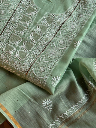 Cascade Green Shade Mal Cotton Fine Chikankari With Kamdani Work Unstitched Fabric