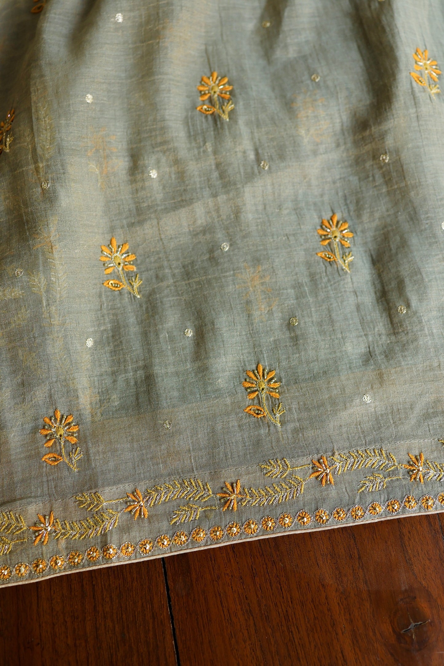 Cement Grey Shade Tissue Silk Chikankari Unstitched Fabric