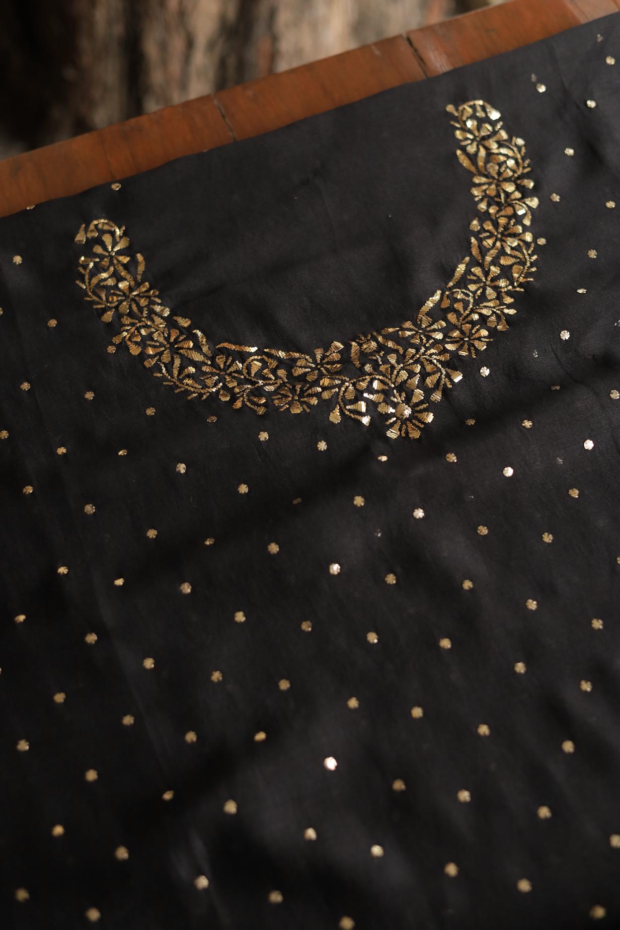 Black Chanderi Silk Mukaish Badla Unstitched Fabrics
