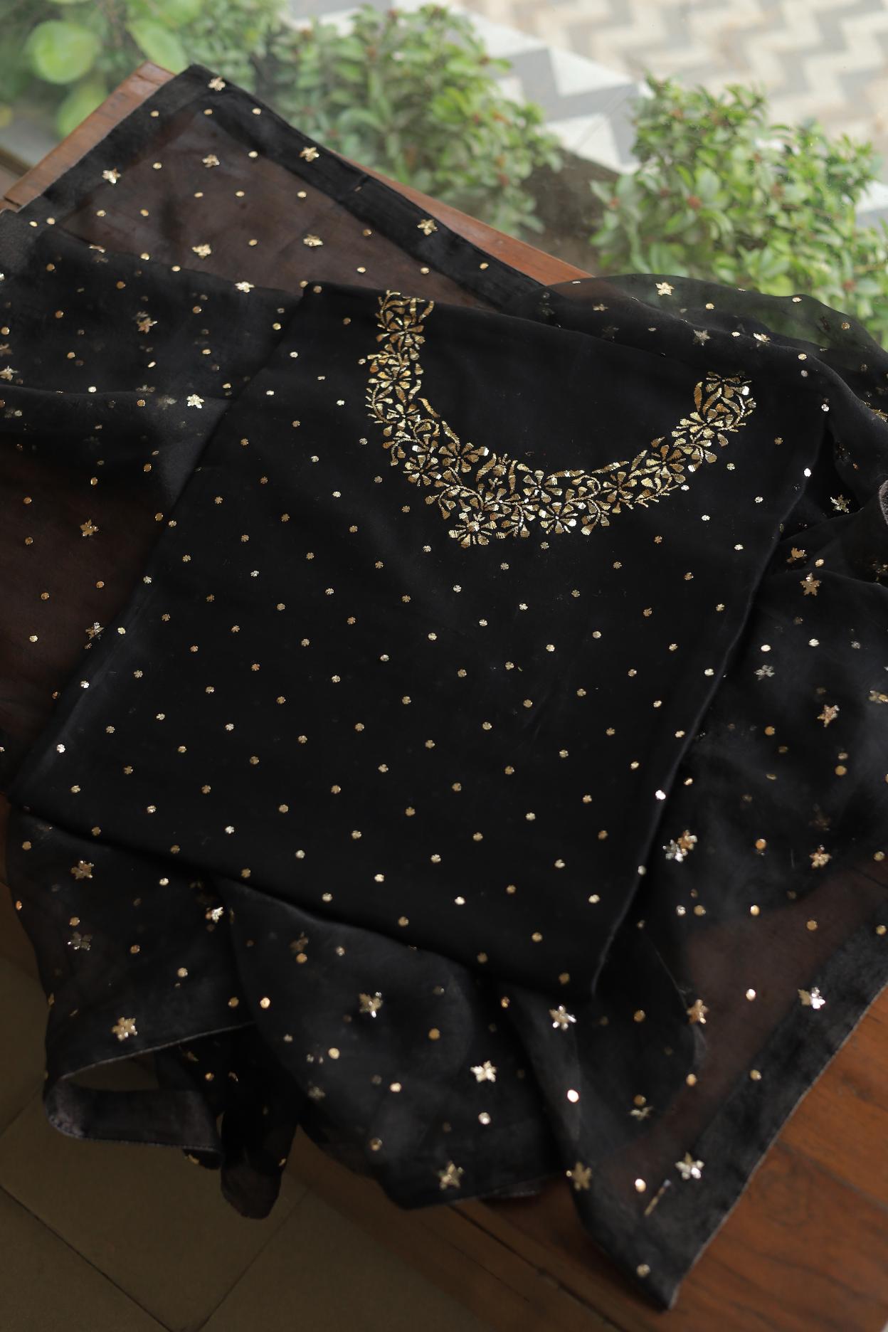Black Chanderi Silk Mukaish Badla Unstitched Fabrics