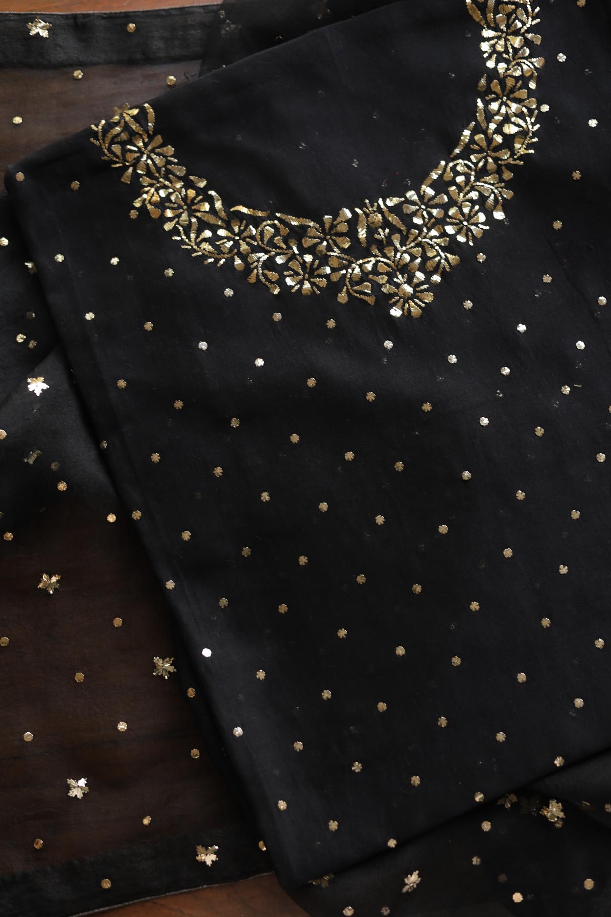 Black Chanderi Silk Mukaish Badla Unstitched Fabrics