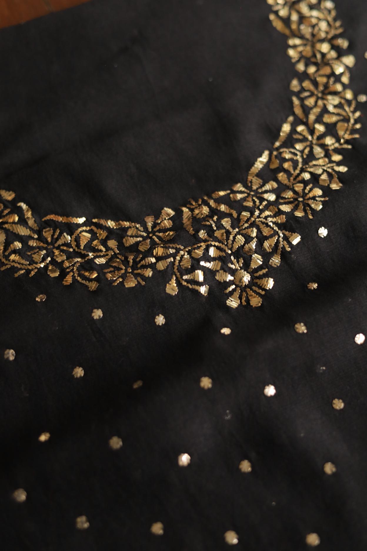 Black Chanderi Silk Mukaish Badla Unstitched Fabrics