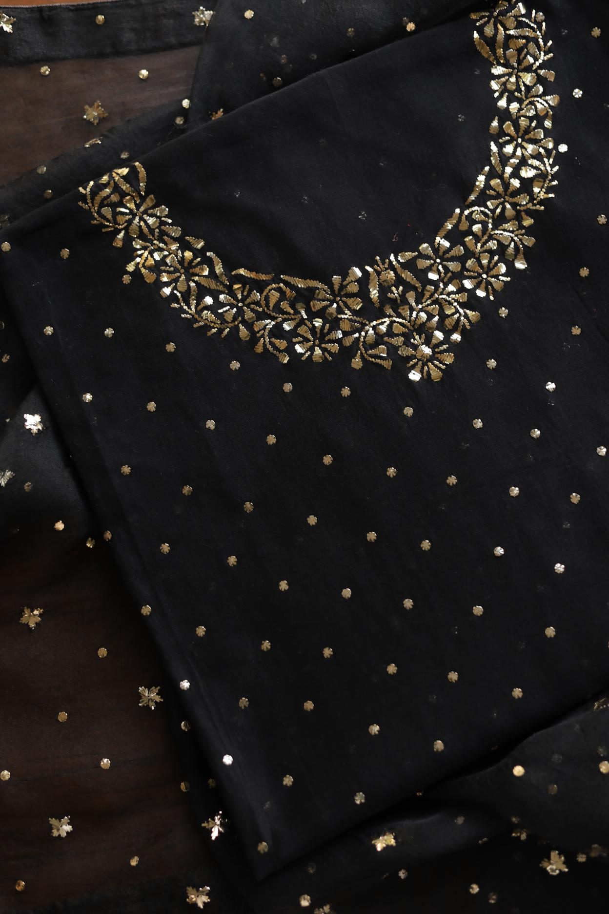 Black Chanderi Silk Mukaish Badla Unstitched Fabrics