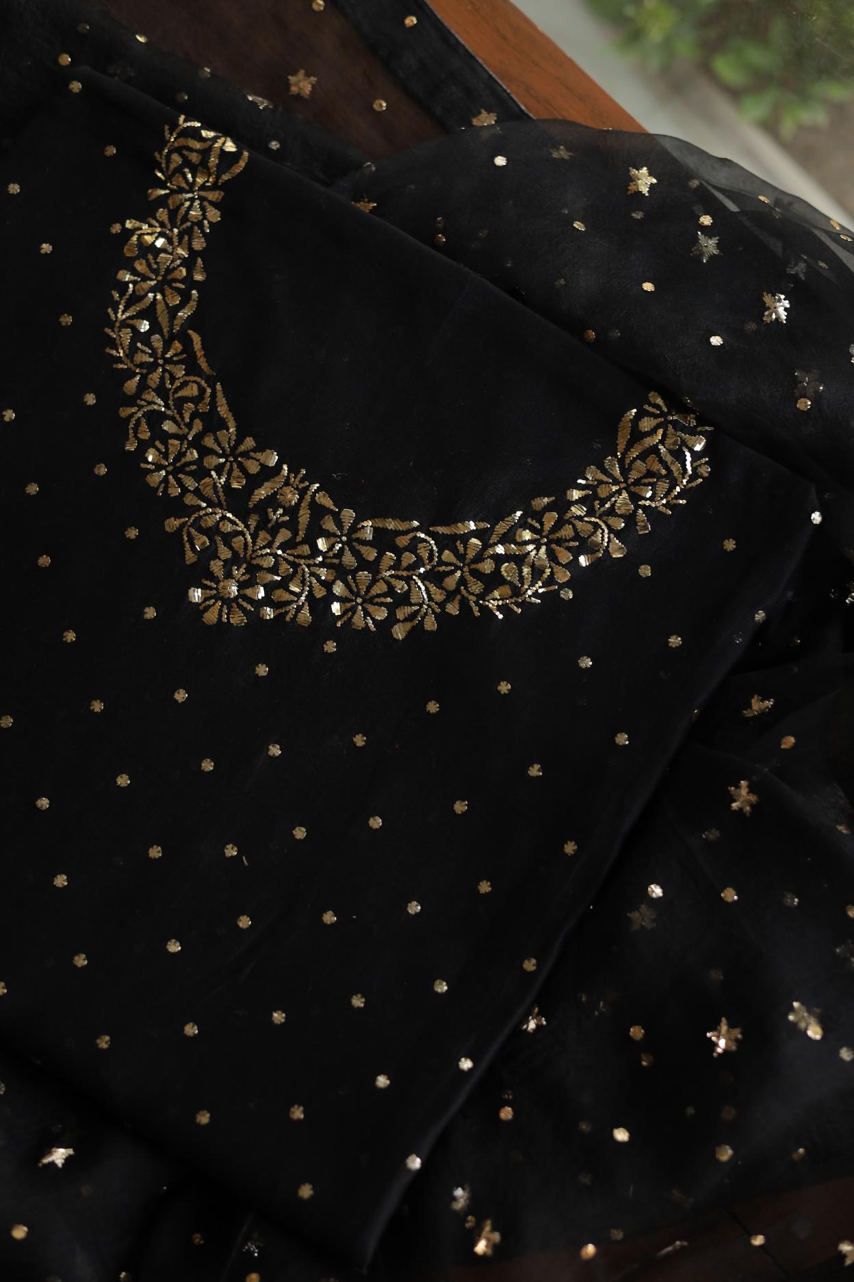 Black Chanderi Silk Mukaish Badla Unstitched Fabrics