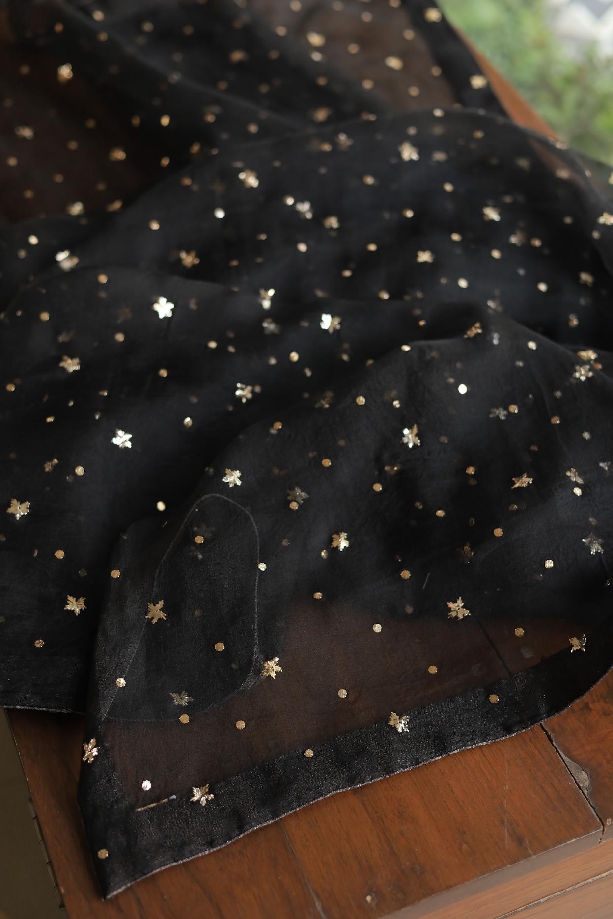 Black Chanderi Silk Mukaish Badla Unstitched Fabrics