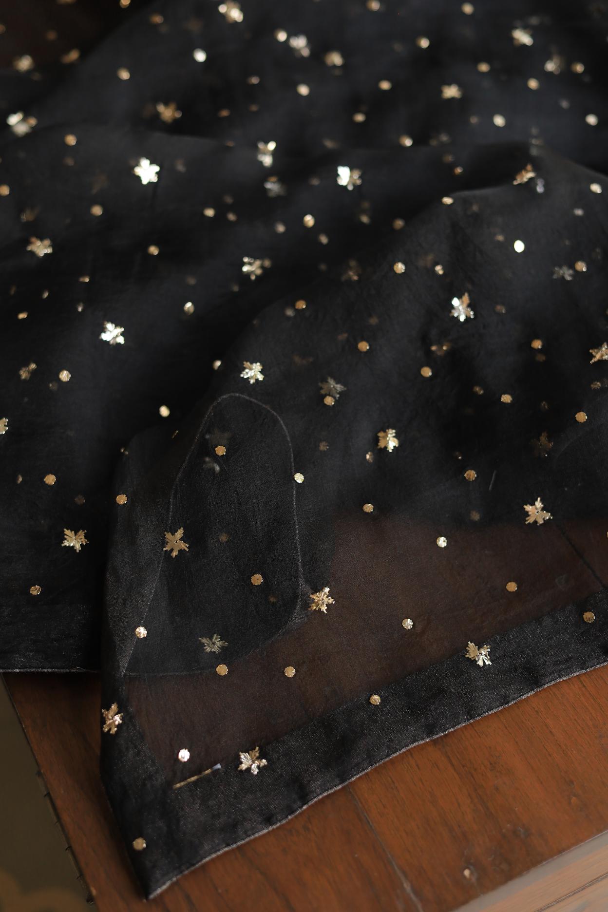 Black Chanderi Silk Mukaish Badla Unstitched Fabrics