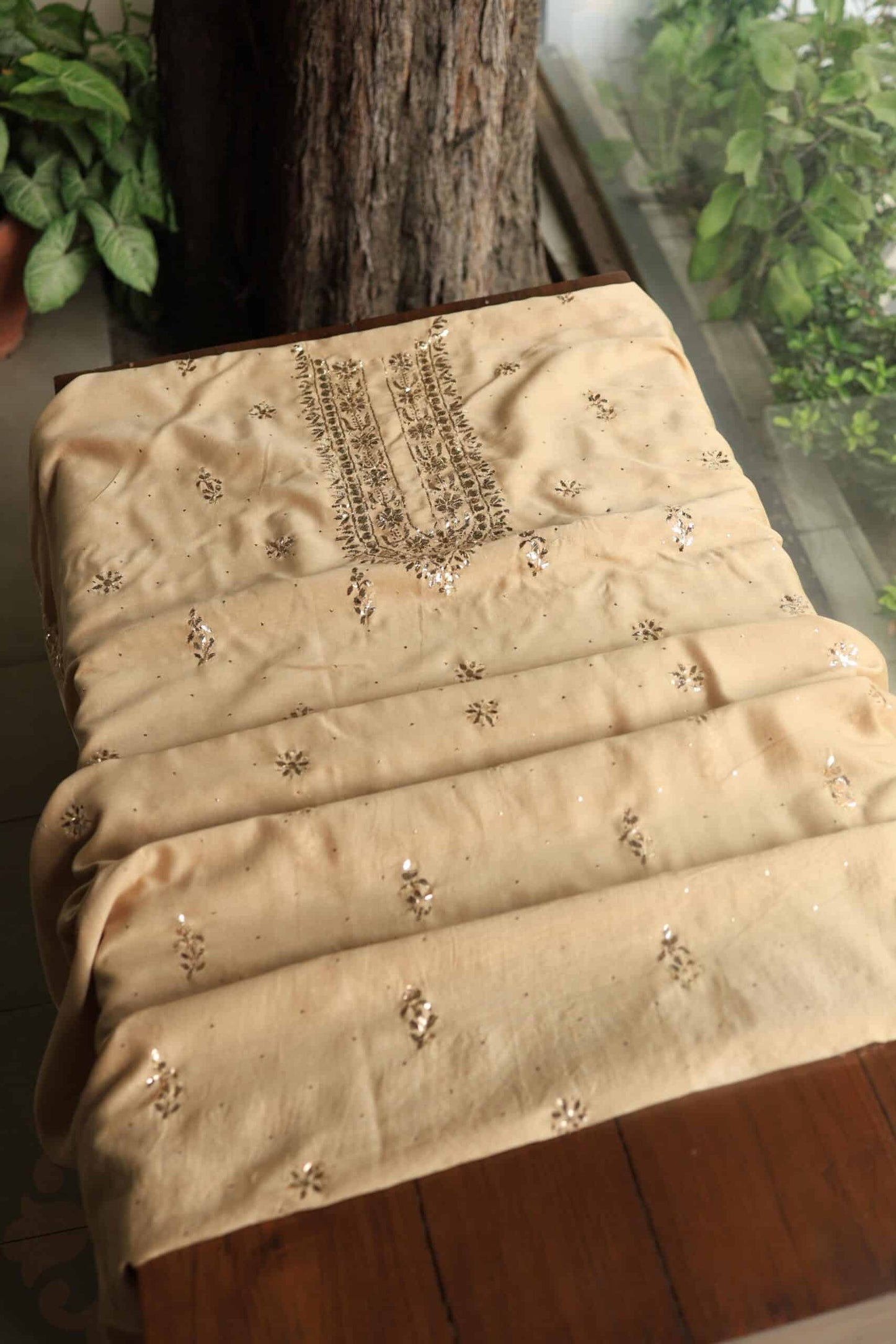 Natural Beige Chanderi Mukaish Badla Unstitched Chikankari Unisex Kurtas