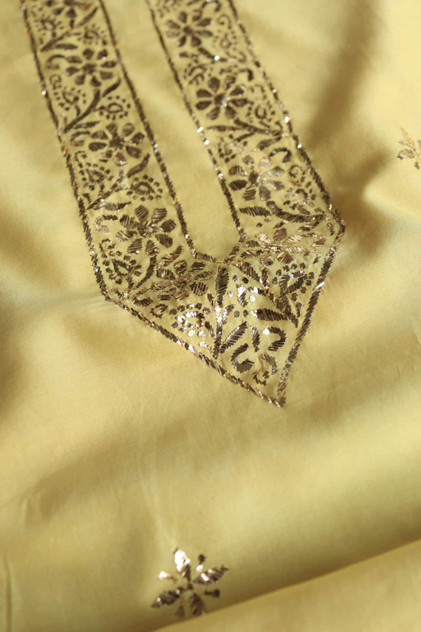 Yellow Chanderi Mukaish Badla Unstitched Chikankari Unisex Kurtas