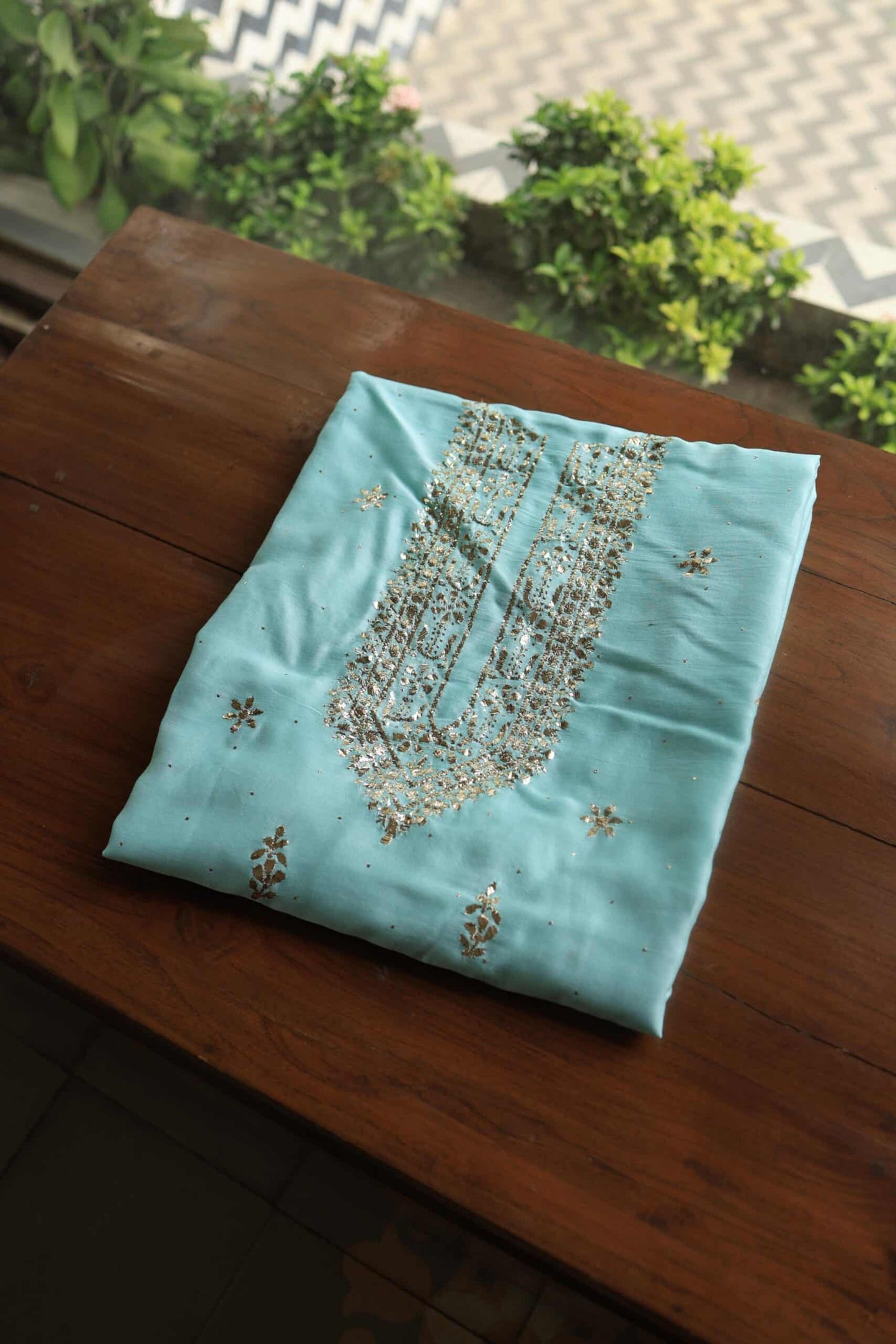 Sea Green Chanderi Mukaish Badla Unstitched Chikankari Unisex Kurtas