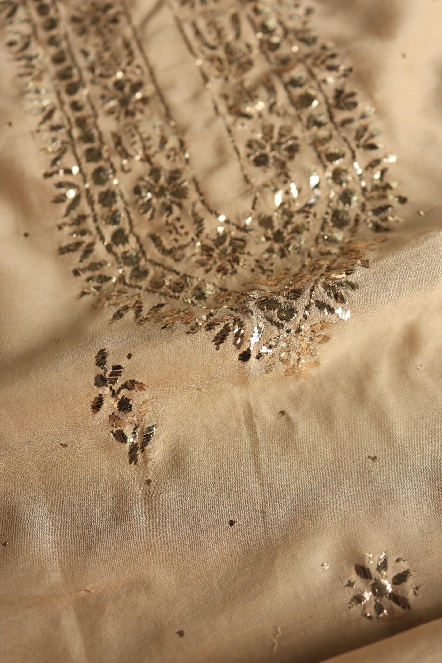 Natural Beige Chanderi Mukaish Badla Unstitched Chikankari Unisex Kurtas