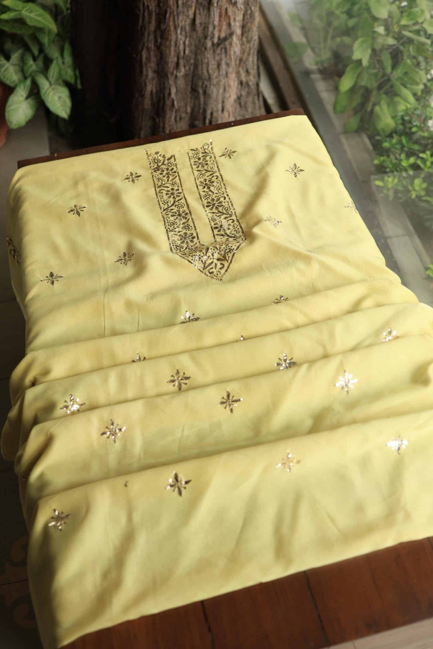 Yellow Chanderi Mukaish Badla Unstitched Chikankari Unisex Kurtas