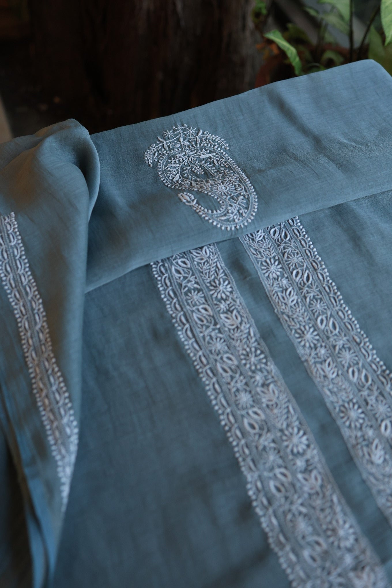 Charcoal Grey Shade Mulmul Chikankari Unstitched Men's Kurtas Fabric