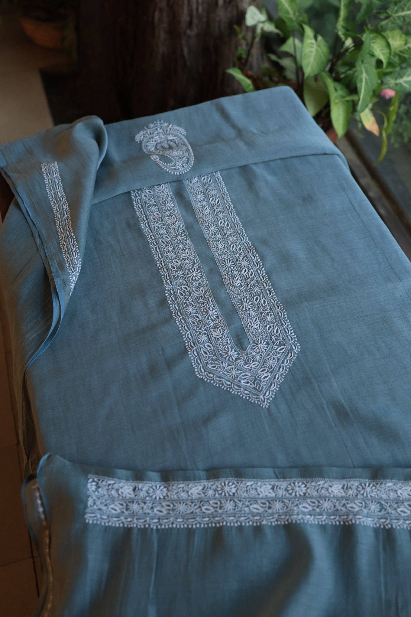 Charcoal Grey Shade Mulmul Chikankari Unstitched Men's Kurtas Fabric