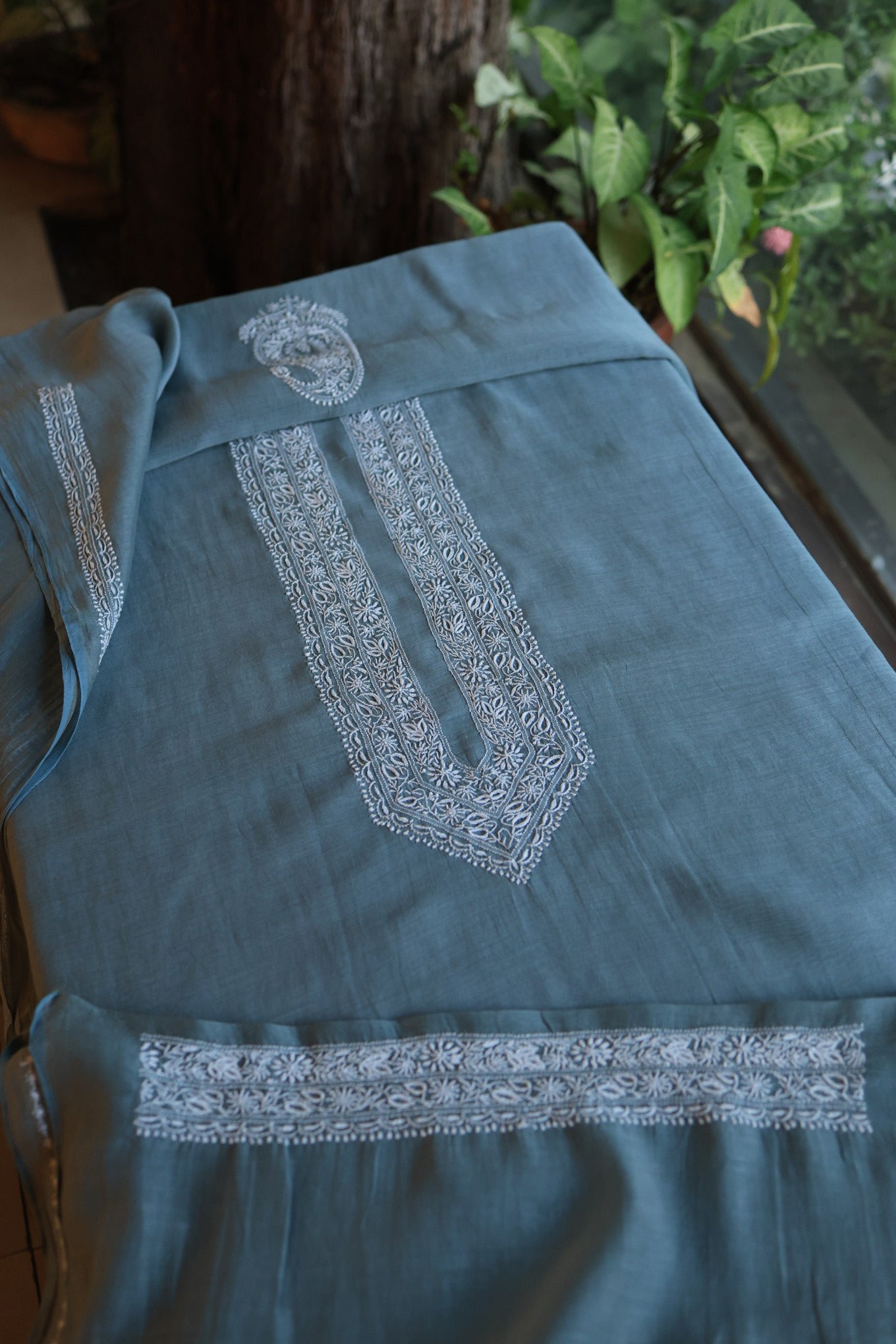 Charcoal Grey Shade Mulmul Chikankari Unstitched Men's Kurtas Fabric