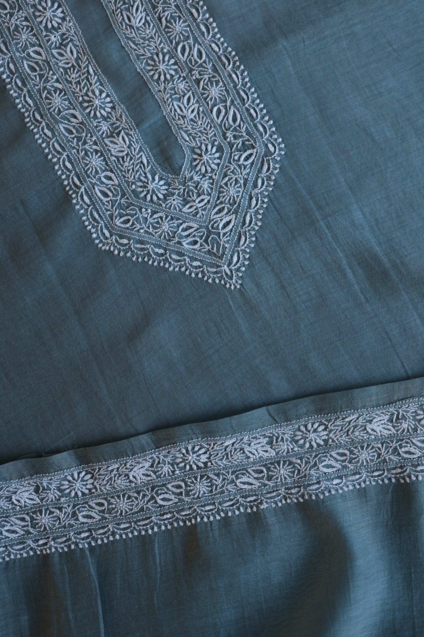 Charcoal Grey Shade Mulmul Chikankari Unstitched Men's Kurtas Fabric
