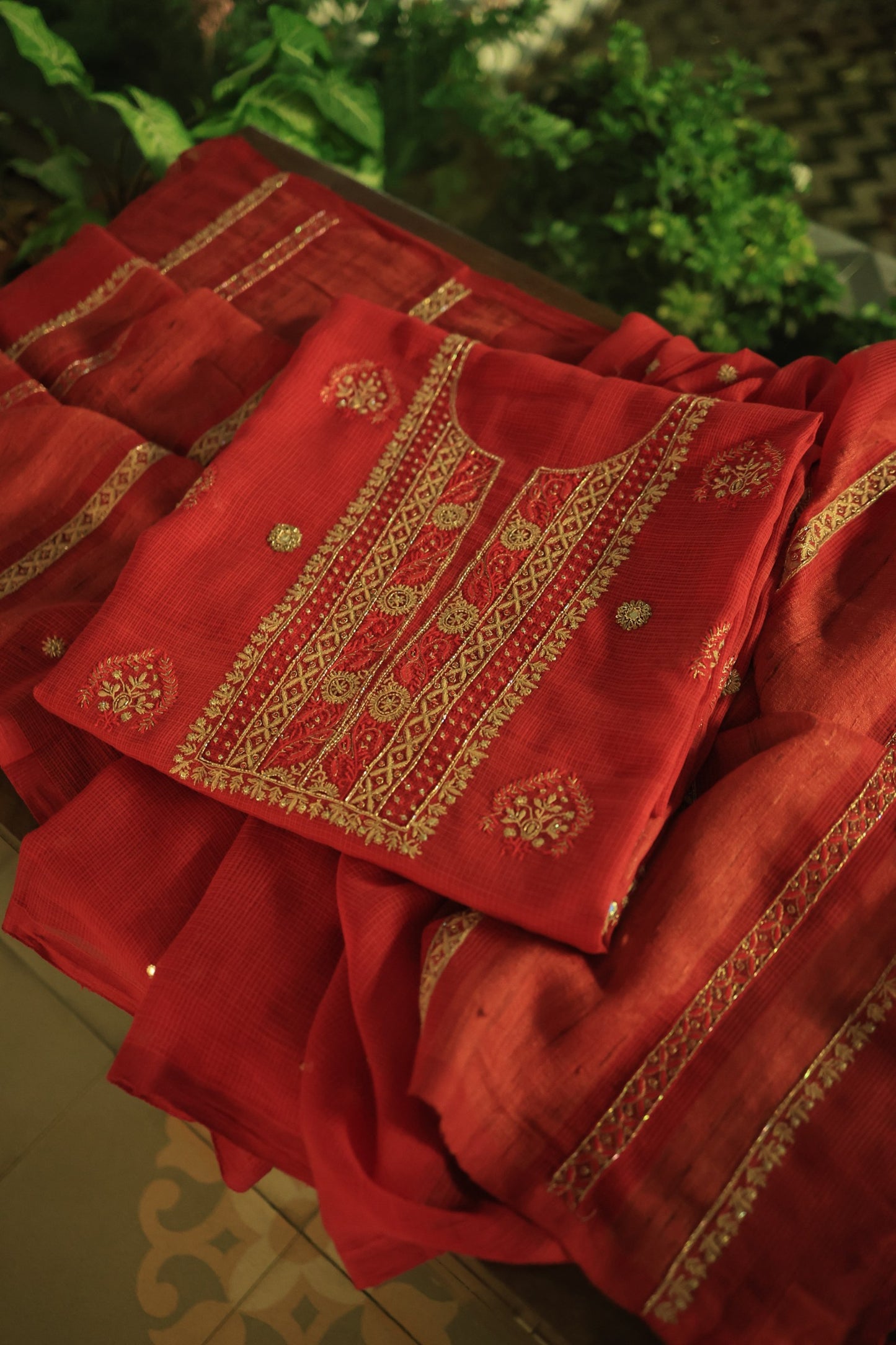 Cherry Red Handloom Kota Chikankari With Mirror Work Unstitched Kurta Dupatta Set