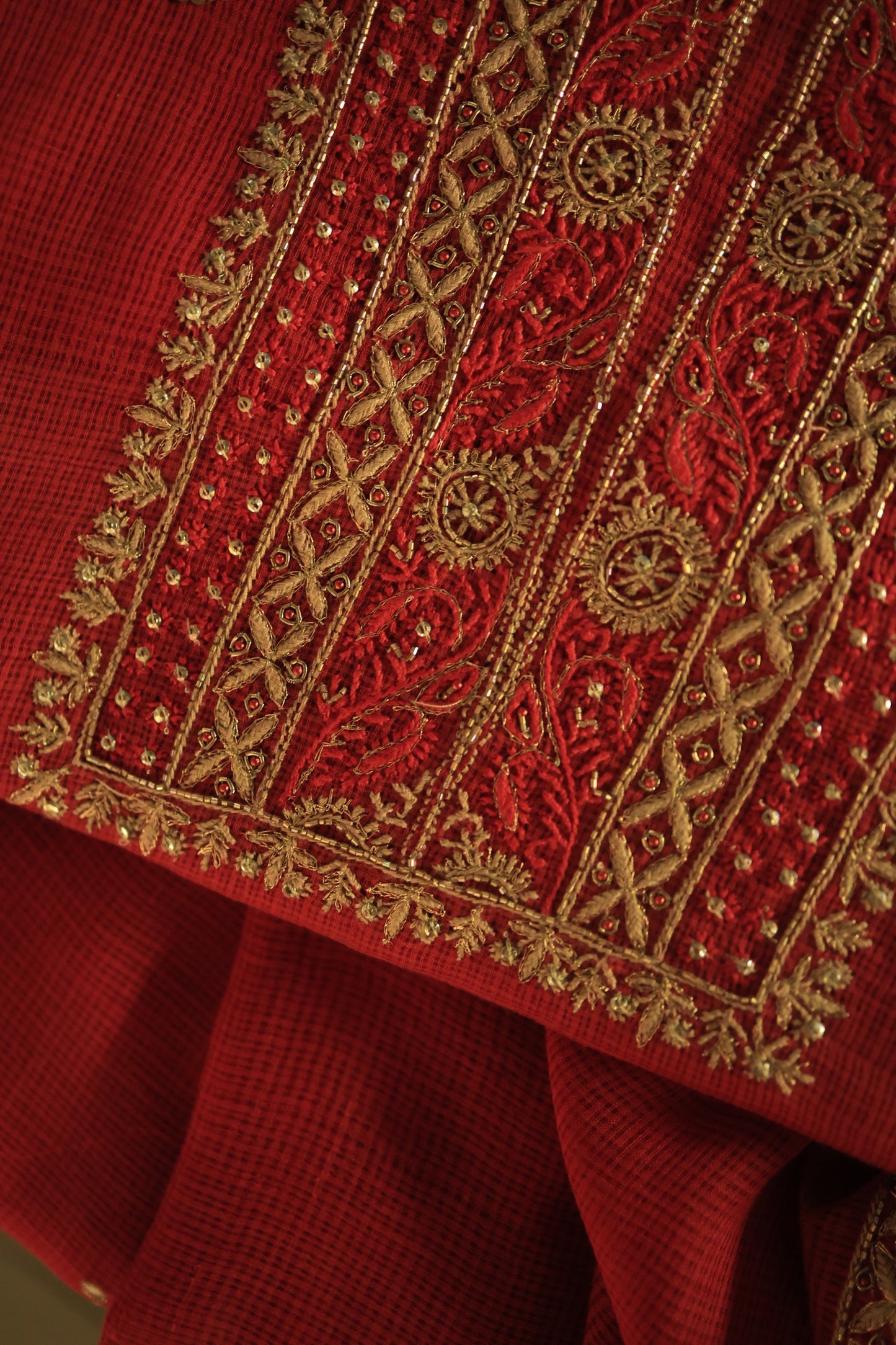 Cherry Red Handloom Kota Chikankari With Mirror Work Unstitched Kurta Dupatta Set