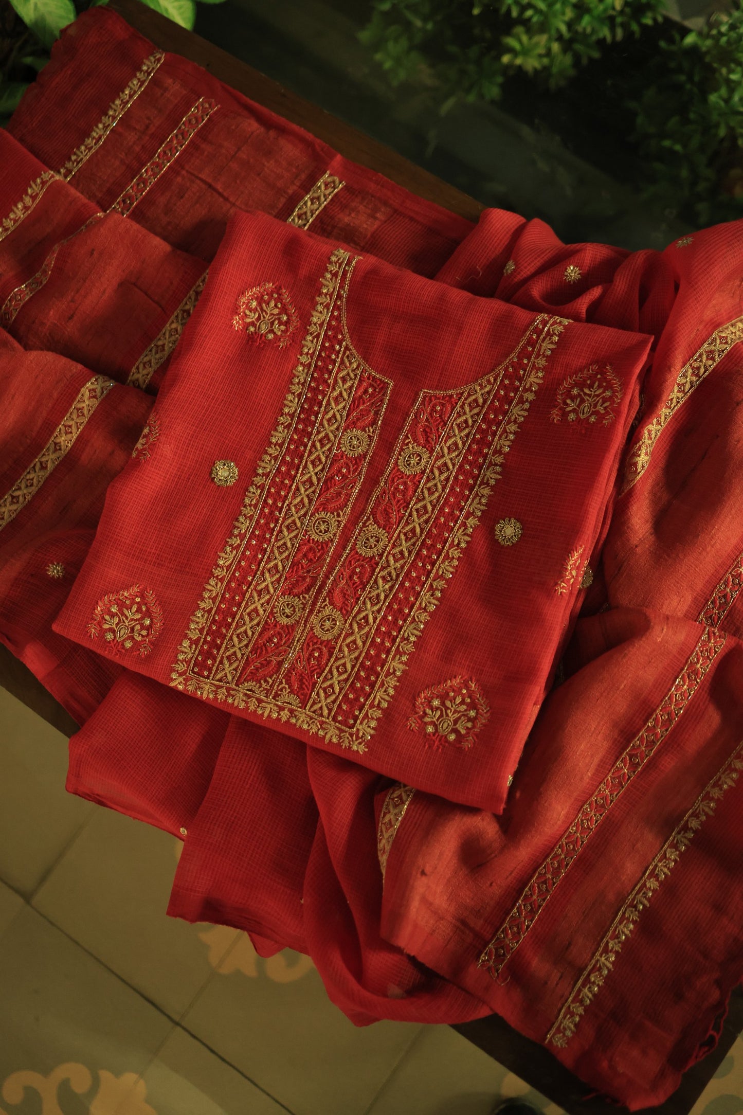 Cherry Red Handloom Kota Chikankari With Mirror Work Unstitched Kurta Dupatta Set