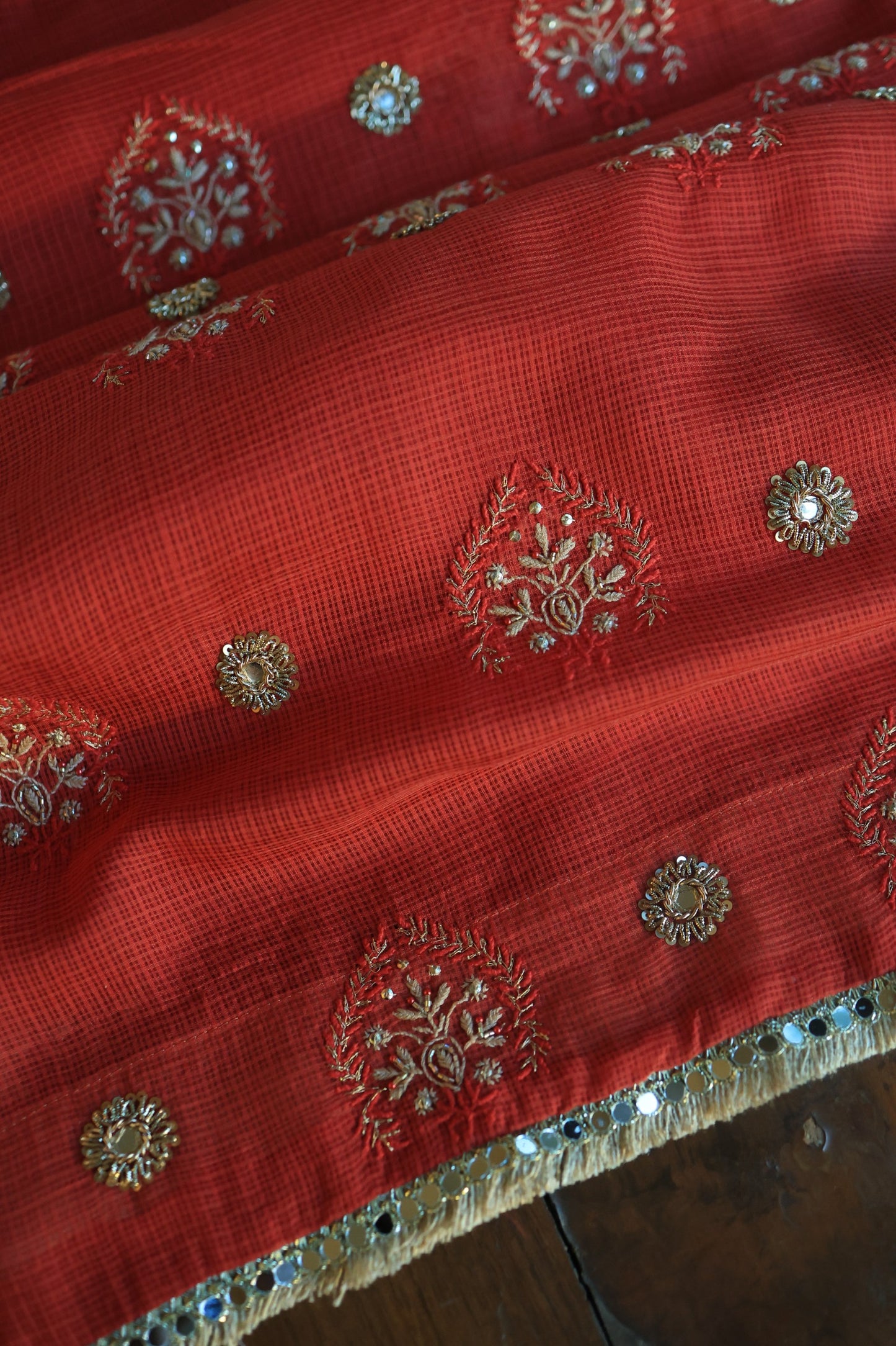 Cherry Red Handloom Kota Chikankari With Mirror Work Unstitched Kurta Dupatta Set