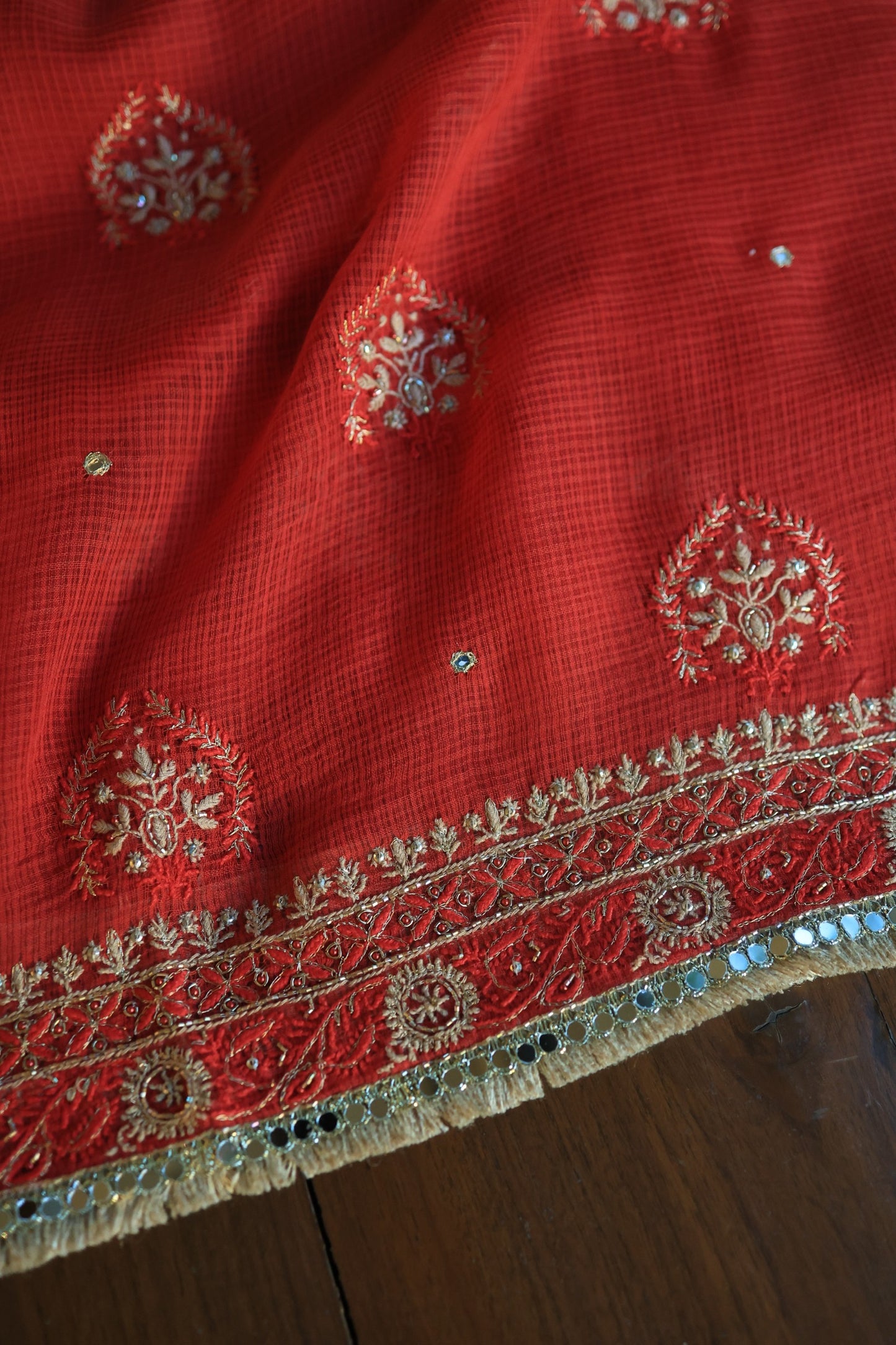 Cherry Red Handloom Kota Chikankari With Mirror Work Unstitched Kurta Dupatta Set