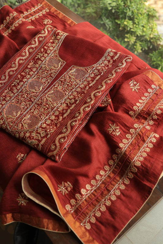 Cherry Red Shade Moonga Silk Chikankari Unstitched Fabric