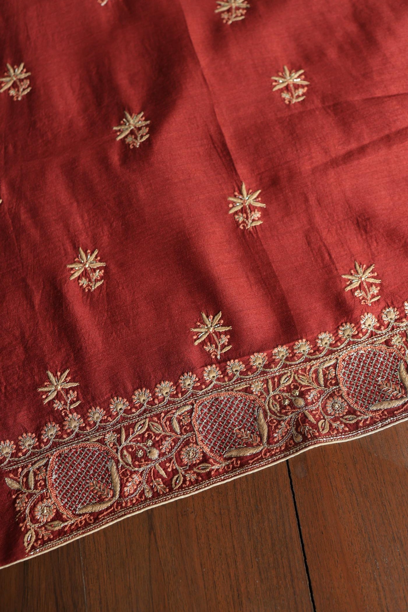 Cherry Red Shade Moonga Silk Chikankari Unstitched Fabric