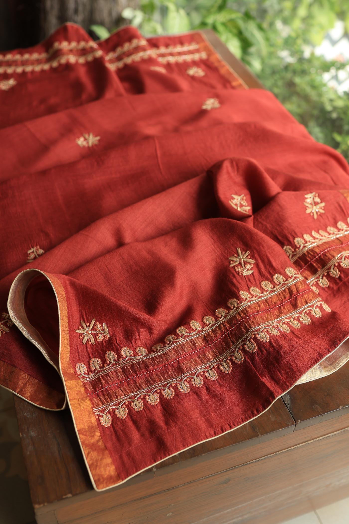 Cherry Red Shade Moonga Silk Chikankari Unstitched Fabric