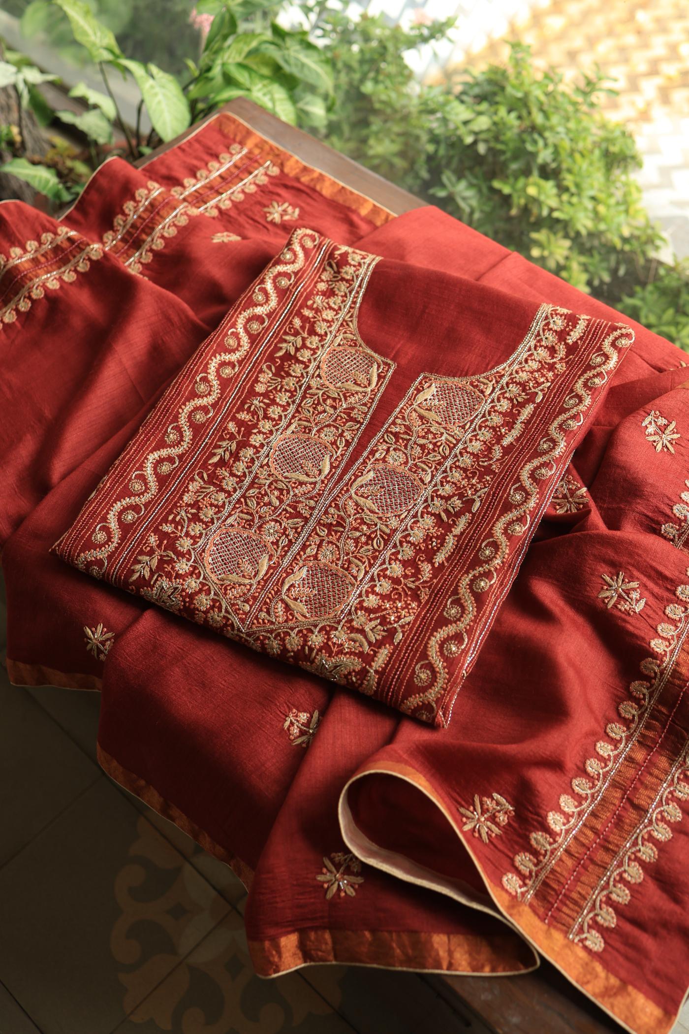 Cherry Red Shade Moonga Silk Chikankari Unstitched Fabric