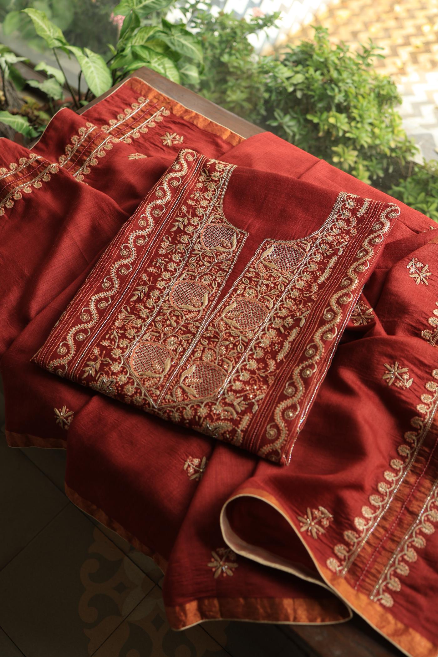 Cherry Red Shade Moonga Silk Chikankari Unstitched Fabric