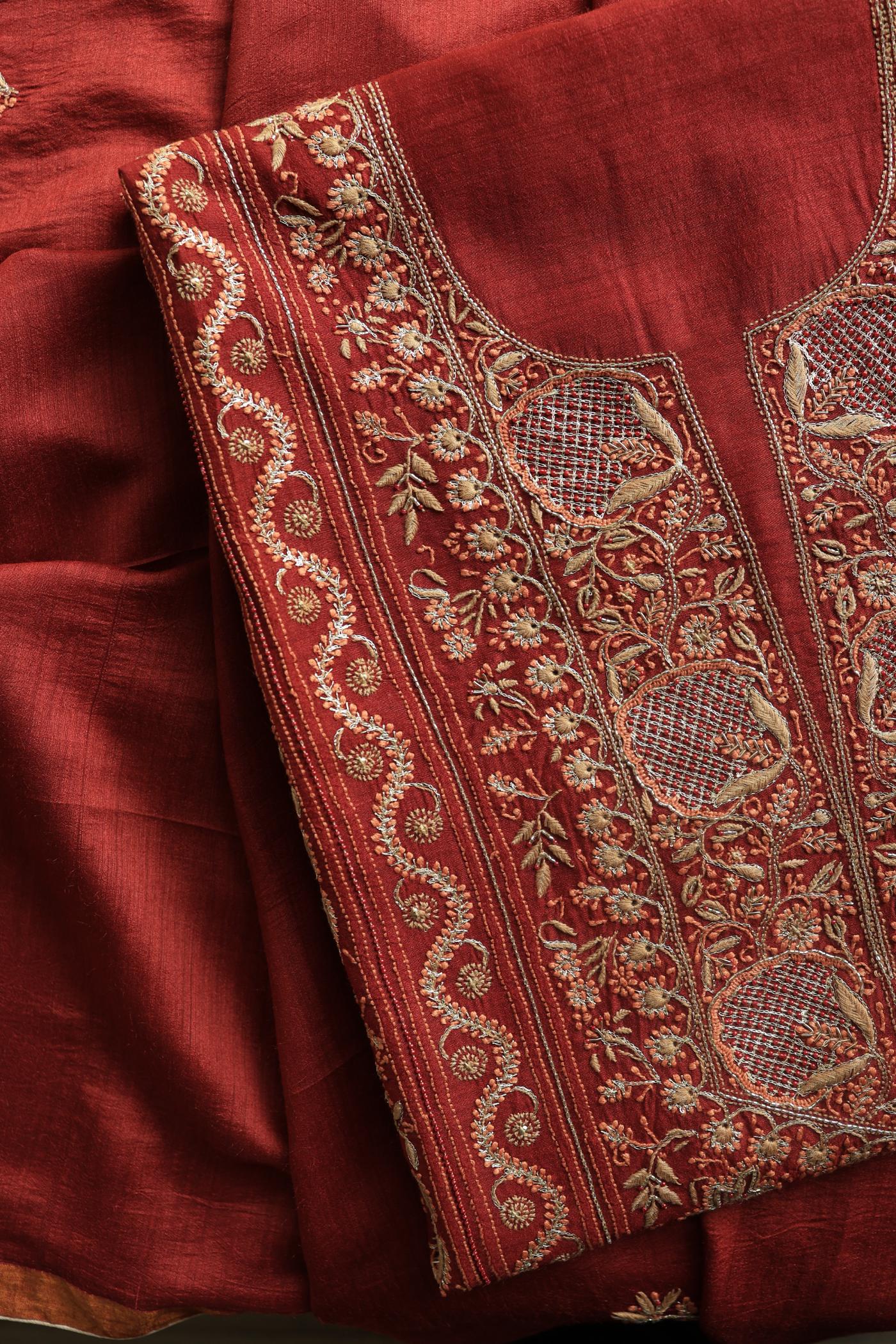 Cherry Red Shade Moonga Silk Chikankari Unstitched Fabric