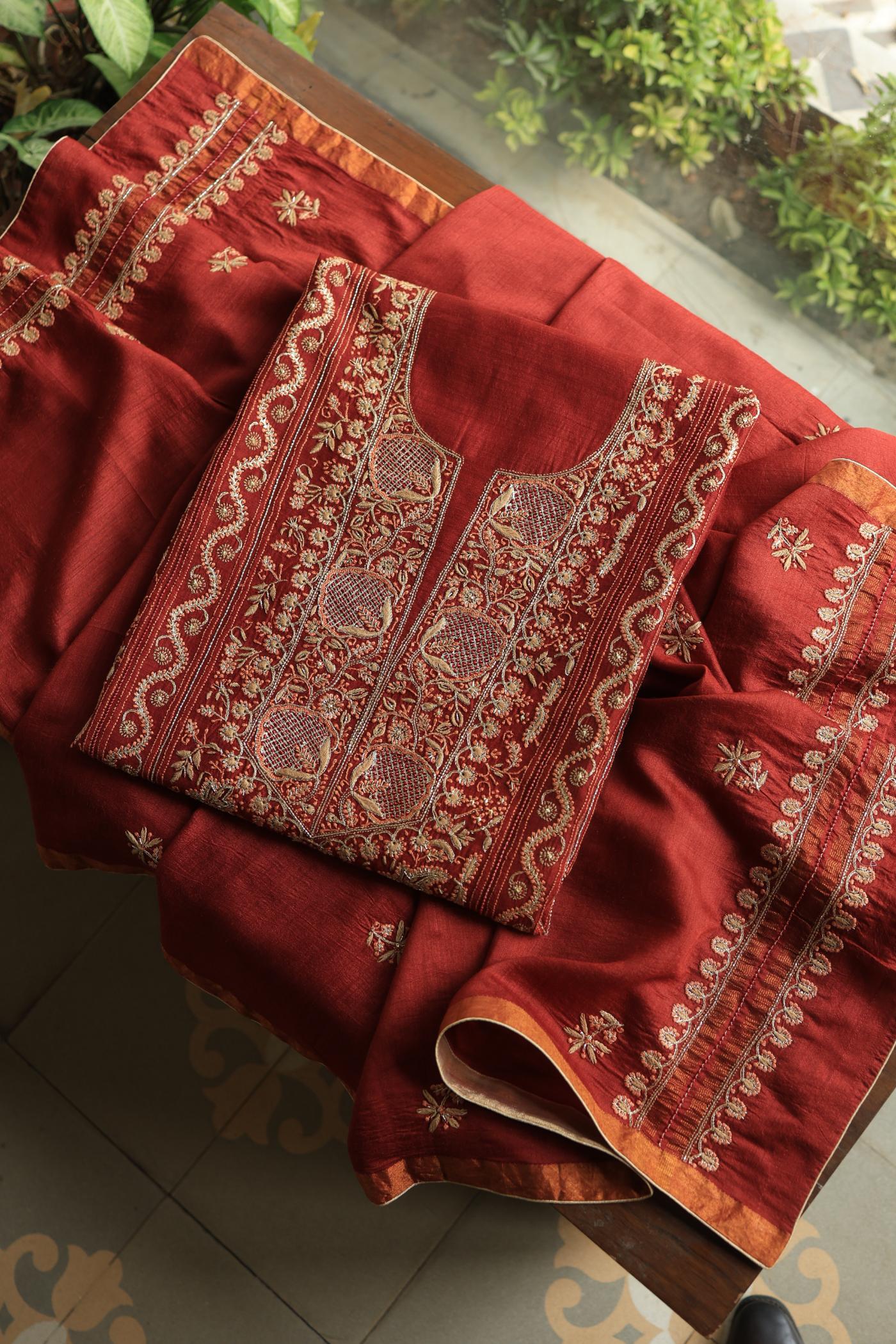 Cherry Red Shade Moonga Silk Chikankari Unstitched Fabric
