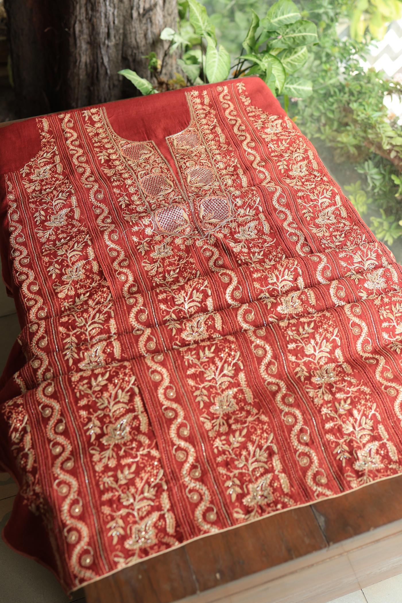 Cherry Red Shade Moonga Silk Chikankari Unstitched Fabric