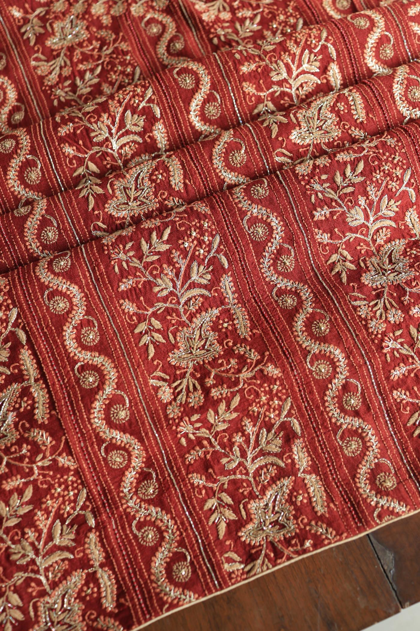 Cherry Red Shade Moonga Silk Chikankari Unstitched Fabric